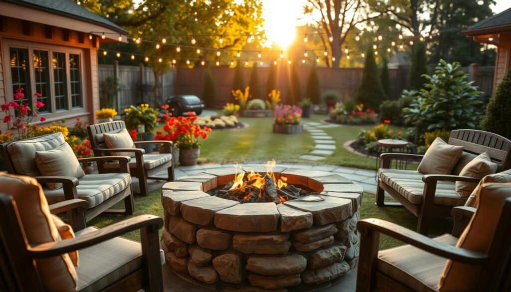 A cozy backyard fire pit surrounded by an inviting outdoor living space. In the foreground, feature a circular stone fire pit with flickering flames, bordered by comfortable, weather-resistant seating like cushioned chairs and rustic wooden benches. The middle ground showcases a beautifully landscaped garden with vibrant flowers and lush greenery, creating a serene atmosphere. The background includes softly glowing string lights draped across the space, enhancing the warm ambiance. Capture this scene during golden hour with bright, natural light and soft sunlight filtering through the trees, adding a magical glow to the setting. The angle should be slightly elevated, providing a wide view that invites the viewer into this charming outdoor oasis. A cozy backyard fire pit surrounded by an inviting outdoor living space. In the foreground, feature a circular stone fire pit with flickering flames, bordered by comfortable, weather-resistant seating like cushioned chairs and rustic wooden benches. The middle ground showcases a beautifully landscaped garden with vibrant flowers and lush greenery, creating a serene atmosphere. The background includes softly glowing string lights draped across the space, enhancing the warm ambiance. Capture this scene during golden hour with bright, natural light and soft sunlight filtering through the trees, adding a magical glow to the setting. The angle should be slightly elevated, providing a wide view that invites the viewer into this charming outdoor oasis.