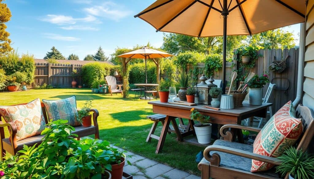 A cozy backyard garden retreat showcasing an array of thrifted garden finds. In the foreground, a vintage wooden bench adorned with colorful, patterned cushions invites relaxation, alongside an arrangement of potted herbs and flowers in charming, mismatched containers. In the middle ground, a rustic wooden table holds a collection of decorative plants and handcrafted garden tools, with a gently weathered umbrella providing shade. The background features a lush green lawn and a trellis draped with climbing vines, under a clear blue sky illuminated by soft, natural sunlight. The overall atmosphere is warm and inviting, evoking a sense of tranquility and creativity in outdoor space design. Capture this scene with a wide-angle lens to enhance depth and detail, ensuring it reflects a stylish yet affordable gardening aesthetic. A cozy backyard garden retreat showcasing an array of thrifted garden finds. In the foreground, a vintage wooden bench adorned with colorful, patterned cushions invites relaxation, alongside an arrangement of potted herbs and flowers in charming, mismatched containers. In the middle ground, a rustic wooden table holds a collection of decorative plants and handcrafted garden tools, with a gently weathered umbrella providing shade. The background features a lush green lawn and a trellis draped with climbing vines, under a clear blue sky illuminated by soft, natural sunlight. The overall atmosphere is warm and inviting, evoking a sense of tranquility and creativity in outdoor space design. Capture this scene with a wide-angle lens to enhance depth and detail, ensuring it reflects a stylish yet affordable gardening aesthetic.