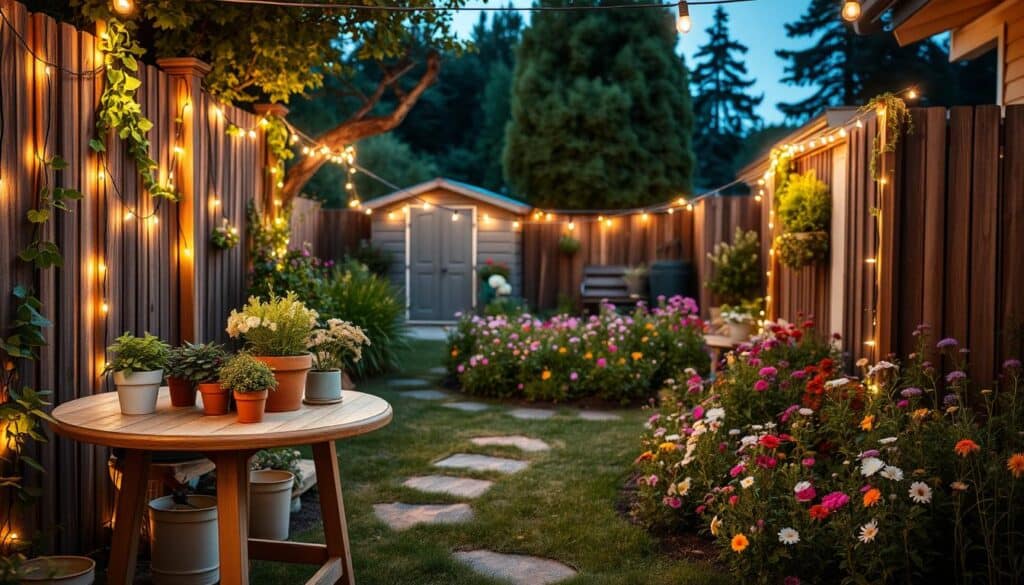 A cozy backyard garden scene at twilight, showcasing budget-friendly string lights delicately draped along wooden fences and through lush greenery. In the foreground, a small table adorned with potted herbs and flowers invites a sense of warmth and community. The middle ground features a vibrant flower bed, blooming with colorful wildflowers that add texture and life to the setting. Soft, ambient lighting creates a magical atmosphere, casting gentle shadows on the ground. The background reveals a glimpse of a tidy garden shed and tall trees, silhouetted against a dusky sky. The overall mood is inviting and serene, with an emphasis on functionality and charm, perfect for a budget-friendly outdoor makeover. A cozy backyard garden scene at twilight, showcasing budget-friendly string lights delicately draped along wooden fences and through lush greenery. In the foreground, a small table adorned with potted herbs and flowers invites a sense of warmth and community. The middle ground features a vibrant flower bed, blooming with colorful wildflowers that add texture and life to the setting. Soft, ambient lighting creates a magical atmosphere, casting gentle shadows on the ground. The background reveals a glimpse of a tidy garden shed and tall trees, silhouetted against a dusky sky. The overall mood is inviting and serene, with an emphasis on functionality and charm, perfect for a budget-friendly outdoor makeover.