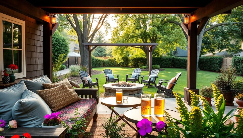 A cozy backyard outdoor living space, featuring a comfortable seating area with plush cushions on a rustic wooden bench and a vibrant patterned throw blanket. In the foreground, colorful potted flowers and greenery add life, while a small round table holds refreshing beverages. The middle ground showcases a charming fire pit surrounded by stylish outdoor chairs, under a pergola draped with fairy lights. In the background, a lush, well-maintained lawn leads to tall trees providing dappled sunlight. The scene is bathed in soft, warm light, creating a relaxed and inviting atmosphere, perfect for unwinding in nature. Capture this serene setting with a slight angle to emphasize depth and warmth.