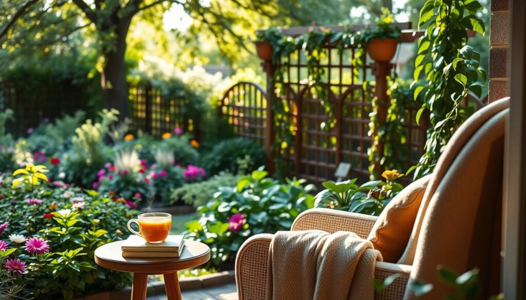 A cozy backyard reading nook set in a lush garden, featuring a comfortable, cushioned armchair draped with a soft throw blanket. In the foreground, a small wooden side table holds a steaming cup of tea and a stack of books. The middle ground showcases vibrant flower beds and leafy green plants, providing a serene backdrop. Scatter soft, natural light filters through the overhead trees, creating dappled shadows on the ground. In the background, a wooden trellis supports climbing vines, enhancing the tranquil atmosphere. The setting is peaceful and inviting, ideal for relaxation and reading, captured from a slightly elevated angle to emphasize the nook's serene design. The overall mood is warm and inviting, embodying comfort and tranquility.