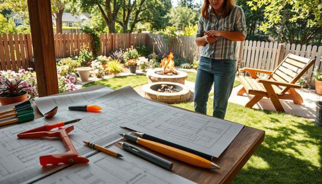 A cozy backyard scene capturing the essence of "planning your DIY backyard projects." In the foreground, a rustic wooden table showcases detailed blueprints and sketches, alongside a set of colorful garden tools scattered artfully. Middle ground features a lush garden with blooming flowers and neatly trimmed grass, while a stylish fire pit and wooden benches are framed under a sun-drenched patio area. The background reveals a picket fence and tall trees, filtering soft sunlight that creates dappled patterns on the ground. A person in modest casual clothing, focused and engaged, stands at the table with a pencil in hand, highlighting the mood of enthusiasm and creativity. The image conveys an air of inspiration and readiness, ideal for a weekend transformation project. Bright natural light enhances the vibrant colors, inviting viewers to envision their own backyard makeover. A cozy backyard scene capturing the essence of "planning your DIY backyard projects." In the foreground, a rustic wooden table showcases detailed blueprints and sketches, alongside a set of colorful garden tools scattered artfully. Middle ground features a lush garden with blooming flowers and neatly trimmed grass, while a stylish fire pit and wooden benches are framed under a sun-drenched patio area. The background reveals a picket fence and tall trees, filtering soft sunlight that creates dappled patterns on the ground. A person in modest casual clothing, focused and engaged, stands at the table with a pencil in hand, highlighting the mood of enthusiasm and creativity. The image conveys an air of inspiration and readiness, ideal for a weekend transformation project. Bright natural light enhances the vibrant colors, inviting viewers to envision their own backyard makeover.