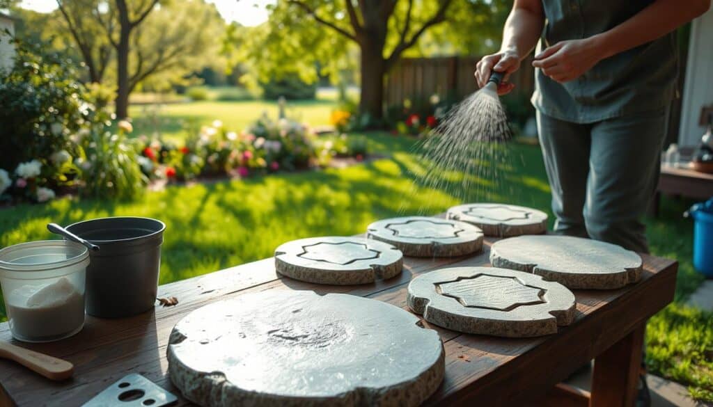 A cozy backyard scene depicting the curing process of homemade concrete garden stepping stones. In the foreground, a freshly poured stone sits on a wooden workbench, surrounded by tools like a trowel and plastic bucket. Nearby, a person in modest casual clothing gently misting the stone with water, ensuring proper curing. In the middle ground, several stepping stones, some just removed from their molds, showcase various textures and patterns. The background features a lush garden with blooming flowers and green grass, illuminated by bright, natural sunlight filtering through trees, creating a warm and inviting atmosphere. The scene captures the essence of a DIY project, focusing on craftsmanship and care. A cozy backyard scene depicting the curing process of homemade concrete garden stepping stones. In the foreground, a freshly poured stone sits on a wooden workbench, surrounded by tools like a trowel and plastic bucket. Nearby, a person in modest casual clothing gently misting the stone with water, ensuring proper curing. In the middle ground, several stepping stones, some just removed from their molds, showcase various textures and patterns. The background features a lush garden with blooming flowers and green grass, illuminated by bright, natural sunlight filtering through trees, creating a warm and inviting atmosphere. The scene captures the essence of a DIY project, focusing on craftsmanship and care.