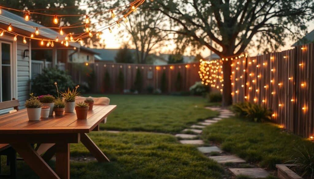A cozy backyard scene showcasing a recent outdoor string lights installation, illuminated by soft, golden sunlight during the early evening. In the foreground, a beautifully arranged wooden dining table adorned with potted plants and string lights draped elegantly overhead, creating a warm and inviting atmosphere. In the middle, lush green grass and a simple garden path leading to a wooden fence, where more twinkling lights are securely fastened. The background features a collection of trees gently swaying in a light breeze, with hints of a pastel sunset providing a perfect backdrop. The overall mood is tranquil and inviting, encapsulating the essence of a charming outdoor gathering space. The image should have a warm color palette, emphasizing the glow of the lights. A cozy backyard scene showcasing a recent outdoor string lights installation, illuminated by soft, golden sunlight during the early evening. In the foreground, a beautifully arranged wooden dining table adorned with potted plants and string lights draped elegantly overhead, creating a warm and inviting atmosphere. In the middle, lush green grass and a simple garden path leading to a wooden fence, where more twinkling lights are securely fastened. The background features a collection of trees gently swaying in a light breeze, with hints of a pastel sunset providing a perfect backdrop. The overall mood is tranquil and inviting, encapsulating the essence of a charming outdoor gathering space. The image should have a warm color palette, emphasizing the glow of the lights.