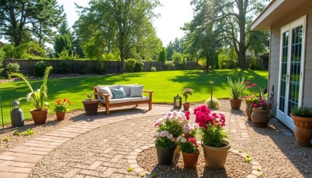 A cozy backyard scene showcasing an affordable transformation, featuring a DIY patio made of elegant interlocking pavers in warm earth tones, complemented by strategically placed gravel pathways. In the foreground, add a small wooden seating area with comfortable cushions, surrounded by vibrant potted plants blooming with colorful flowers. The middle ground highlights the freshly laid patio, adorned with rustic outdoor decor, such as lanterns and garden tools. The background reveals a lush green lawn under a bright, clear sky with soft sunlight filtering through gently swaying trees. Capture the scene from a slightly elevated angle to emphasize depth and detail, conveying an inviting and revitalizing atmosphere ideal for relaxation and gatherings. A cozy backyard scene showcasing an affordable transformation, featuring a DIY patio made of elegant interlocking pavers in warm earth tones, complemented by strategically placed gravel pathways. In the foreground, add a small wooden seating area with comfortable cushions, surrounded by vibrant potted plants blooming with colorful flowers. The middle ground highlights the freshly laid patio, adorned with rustic outdoor decor, such as lanterns and garden tools. The background reveals a lush green lawn under a bright, clear sky with soft sunlight filtering through gently swaying trees. Capture the scene from a slightly elevated angle to emphasize depth and detail, conveying an inviting and revitalizing atmosphere ideal for relaxation and gatherings.