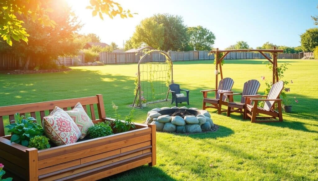A cozy backyard scene showcasing budget-friendly DIY improvements. In the foreground, a wooden garden bench adorned with colorful cushions. To one side, a raised vegetable garden bed brimming with healthy plants. In the middle ground, a simple homemade trellis decorated with climbing vines and blooming flowers. A charming fire pit made of stones is positioned slightly behind the bench, with a few rustic chairs arranged around it. The background features a well-maintained lawn under a clear blue sky, illuminated by soft, warm sunlight filtering through the leaves of nearby trees. The overall atmosphere is inviting and serene, encouraging relaxation and creativity in outdoor spaces. The shot is taken from a slightly elevated angle to capture the layout and enhance the inviting ambiance.