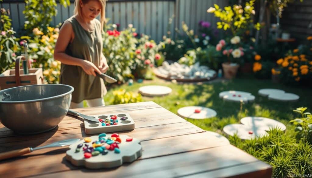 A cozy backyard scene showcasing the process of making concrete garden stepping stones at home. In the foreground, a wooden table displays tools and materials—mixing bowl, trowel, mold, and vibrant decorative stones. A person in modest casual clothing is pouring concrete into the mold, with a look of concentration. In the middle ground, partially completed stepping stones lie on the grass, some adorned with colorful embellishments. The background features a lush garden with blooming flowers and greenery, bathed in soft sunlight that creates a warm, inviting atmosphere. The image captures a serene DIY spirit, highlighting the joy of crafting in a bright, airy environment. A cozy backyard scene showcasing the process of making concrete garden stepping stones at home. In the foreground, a wooden table displays tools and materials—mixing bowl, trowel, mold, and vibrant decorative stones. A person in modest casual clothing is pouring concrete into the mold, with a look of concentration. In the middle ground, partially completed stepping stones lie on the grass, some adorned with colorful embellishments. The background features a lush garden with blooming flowers and greenery, bathed in soft sunlight that creates a warm, inviting atmosphere. The image captures a serene DIY spirit, highlighting the joy of crafting in a bright, airy environment.