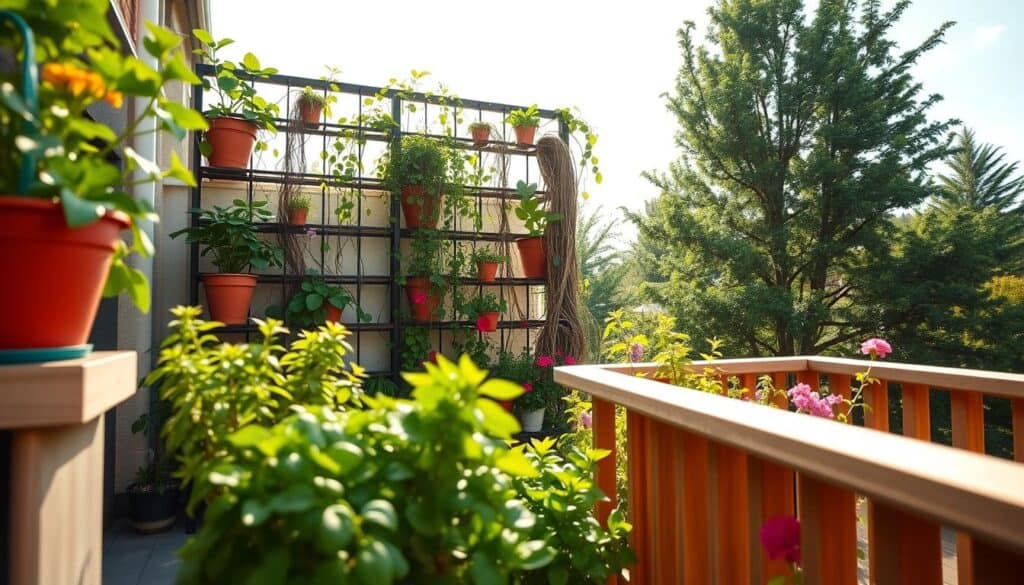 A cozy balcony garden design showcasing a vertical garden wall filled with lush green plants and vibrant flowers. The foreground features a wooden railing adorned with colorful pots and cascading herbs. In the middle, a well-structured vertical planter system hosts climbing vines and decorative plants, utilizing space efficiently. The background reveals a bright, airy sky, with soft sunlight filtering through nearby trees, creating a serene atmosphere. The scene is captured from a slight angle to emphasize the depth and layers of the garden. The overall mood is inviting and peaceful, illustrating an ideal space for relaxation and greenery.