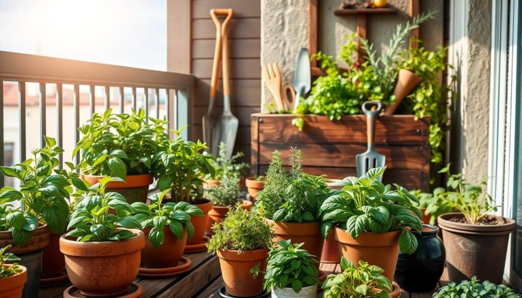 A cozy balcony garden filled with vibrant herbs in a small space setting, featuring a variety of potted plants like basil, mint, and rosemary. In the foreground, an assortment of stylish terracotta and ceramic pots arranged on a wooden table, showcasing the herbs in lush green foliage. The middle ground captures an inviting setup with a rustic wooden planter box overflowing with herbs, surrounded by decorative garden tools. In the background, a bright blue sky peeks through the railing of the balcony, with soft sunlight filtering through, creating a warm and inviting atmosphere. The scene conveys a sense of tranquility and inspiration for small space gardening, with natural light highlighting the rich textures of the plants and wood. A cozy balcony garden filled with vibrant herbs in a small space setting, featuring a variety of potted plants like basil, mint, and rosemary. In the foreground, an assortment of stylish terracotta and ceramic pots arranged on a wooden table, showcasing the herbs in lush green foliage. The middle ground captures an inviting setup with a rustic wooden planter box overflowing with herbs, surrounded by decorative garden tools. In the background, a bright blue sky peeks through the railing of the balcony, with soft sunlight filtering through, creating a warm and inviting atmosphere. The scene conveys a sense of tranquility and inspiration for small space gardening, with natural light highlighting the rich textures of the plants and wood.
