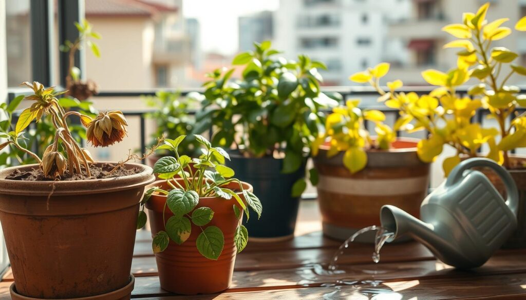 A cozy balcony scene featuring various container plants displaying common watering mistakes. In the foreground, a neglected flower pot with wilted flowers due to underwatering, showing dry soil and drooping leaves, alongside an overwatered container with yellowing leaves and water pooling at the bottom. The middle ground reveals a wooden table with various gardening tools, such as a watering can spilling excess water, highlighting improper watering habits. In the background, a sunny urban environment with soft sunlight filtering through, creating a bright, warm atmosphere. Use a slightly blurred focus for a dreamy effect, with realistic textures in the plants and a clear, airy feel, evoking both the beauty and the challenges of container gardening.