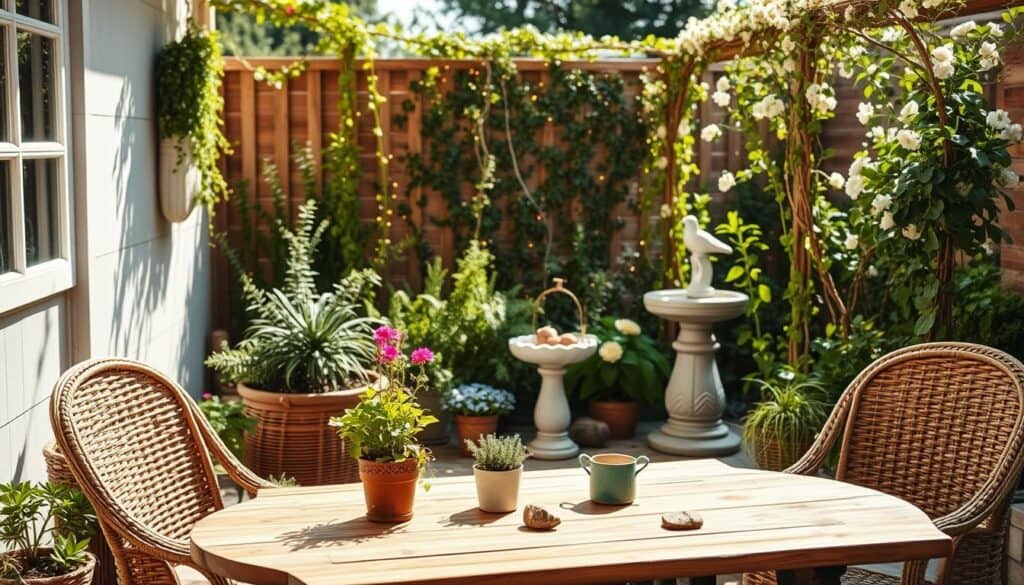 A cozy garden corner featuring elegant outdoor decor ideas under soft, natural sunlight. In the foreground, a rustic wooden table adorned with vibrant potted flowers and aromatic herbs, accompanied by stylish, woven wicker chairs that invite relaxation. The middle ground showcases enchanting fairy lights delicately strung around lush green plants, casting a warm glow, with a charming birdbath and decorative stones adding to the atmosphere. In the background, a trellis entwined with blooming vines perfectly complements the serene setting. The entire scene is captured with a wide-angle lens, allowing for a bright, airy feel that enhances the tranquil mood of this inviting outdoor space.