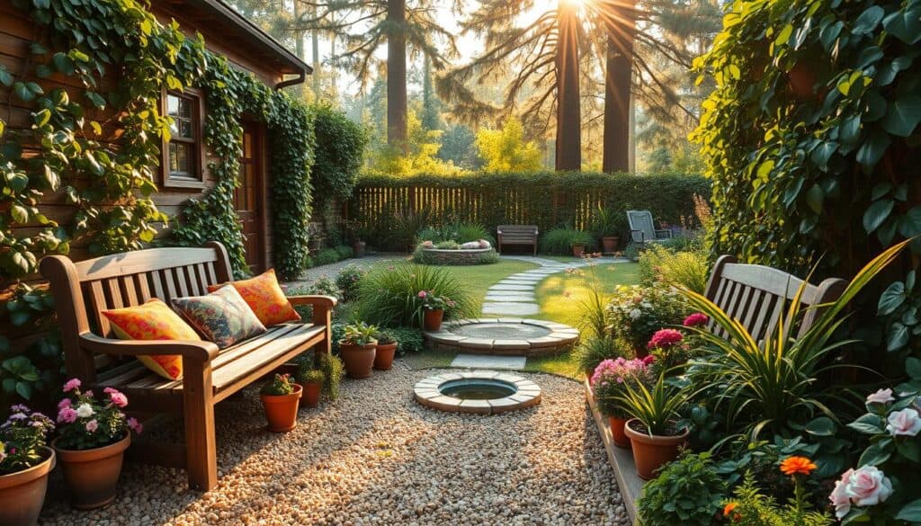 A cozy garden corner scene designed for relaxation and contemplation. In the foreground, a rustic wooden bench adorned with vibrant cushions, surrounded by an array of colorful potted plants and blooming flowers. The middle layer features a well-maintained gravel pathway leading to a small, charming water feature, reflecting soft sunlight. Lush greenery and climbing vines border the space, creating an inviting and serene atmosphere. In the background, tall trees gently sway in the breeze, filtering golden rays of sunlight that create dappled patterns on the ground. Capture this scene with a warm, inviting tone, using soft focus to enhance the dreamy quality, and employ natural lighting to highlight the textures of the wood and foliage, evoking a sense of peace and beauty.