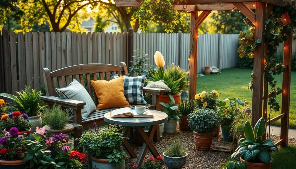 A cozy garden corner transformed into a favorite outdoor spot, featuring a charming wooden bench adorned with soft, colorful cushions. In the foreground, eclectic potted plants including vibrant flowers and lush greenery create a welcoming atmosphere. The middle ground showcases a small, rustic table set with a steaming cup of coffee and an open book, inviting relaxation. Surrounding the area, fairy lights are delicately draped over a nearby trellis, casting a warm, soft glow as the sun sets, enhancing the inviting charm. The background includes a treed fence and hints of a well-maintained lawn. The scene captures a tranquil mood, bathed in bright natural light with soft sunlight filtering through leaves, emphasizing a peaceful and serenely decorated outdoor escape.