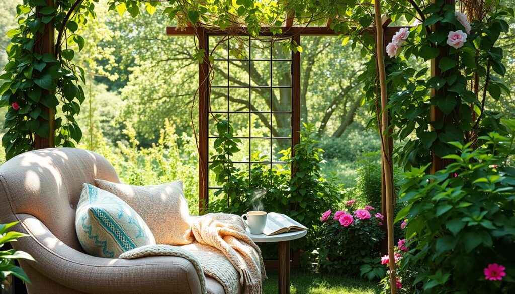 A cozy garden nook featuring a comfortable reading area surrounded by lush greenery. In the foreground, a plush armchair adorned with soft, colorful cushions and a knitted throw invites relaxation. A small, weather-resistant side table holds a steaming cup of tea and a few open books. In the middle ground, create a trellis with climbing vines and flowering plants, framing the nook elegantly. In the background, include soft sunlight filtering through the leaves of surrounding trees, casting dappled shadows on the ground. The overall atmosphere is serene and inviting, evoking a peaceful retreat perfect for reading or reflection. Use bright, natural light to enhance the airiness of the scene, captured with a wide-angle lens to encompass the entire nook.