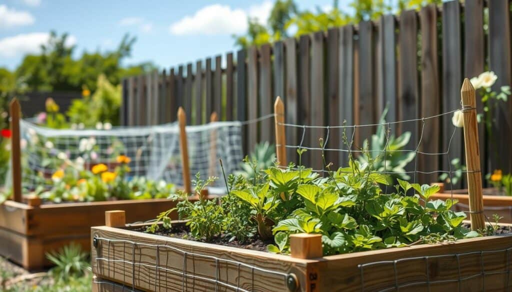 A cozy garden scene showcasing raised garden beds, expertly squirrel-proofed with various materials like wire mesh, wooden barriers, and netting. In the foreground, focus on a beautifully arranged raised bed brimming with vibrant vegetables and herbs, surrounded by carefully placed obstacles to deter squirrels. The middle ground features a hand-crafted wooden fence, slightly weathered, contrasting with the lush greenery. In the background, a sunny, cheerful garden with blooming flowers and a clear blue sky enhances the atmosphere. The lighting is soft and natural, casting gentle shadows that add depth. Capture a peaceful yet slightly chaotic mood, representing the common mistakes made in squirrel-proofing, such as poor material choices or inadequate height. Promote a sense of realism and warmth in this home gardening setting.