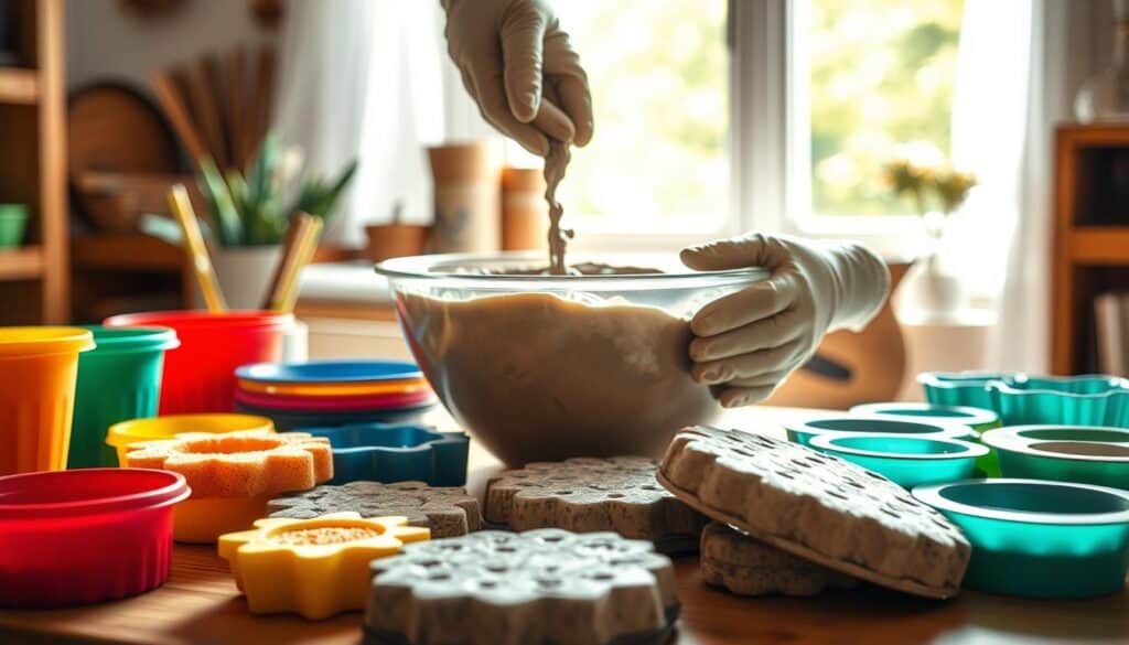 A cozy home workspace depicting creative mold ideas for making concrete garden stepping stones. In the foreground, colorful household items like plastic containers, kitchen sponges, and muffin tins are arranged creatively, showcasing various mold shapes. The middle ground features a mixing bowl filled with wet concrete, with gloved hands gently pouring the mixture into the molds. In the background, a sunlit window allows soft, natural light to cast gentle shadows across the scene, emphasizing the textures of the crafts. The atmosphere is inviting and inspirational, embodying a sense of DIY creativity and home improvement. The composition is captured with a soft focus lens, creating an airy feeling as if you could easily replicate these crafts at home. A cozy home workspace depicting creative mold ideas for making concrete garden stepping stones. In the foreground, colorful household items like plastic containers, kitchen sponges, and muffin tins are arranged creatively, showcasing various mold shapes. The middle ground features a mixing bowl filled with wet concrete, with gloved hands gently pouring the mixture into the molds. In the background, a sunlit window allows soft, natural light to cast gentle shadows across the scene, emphasizing the textures of the crafts. The atmosphere is inviting and inspirational, embodying a sense of DIY creativity and home improvement. The composition is captured with a soft focus lens, creating an airy feeling as if you could easily replicate these crafts at home.
