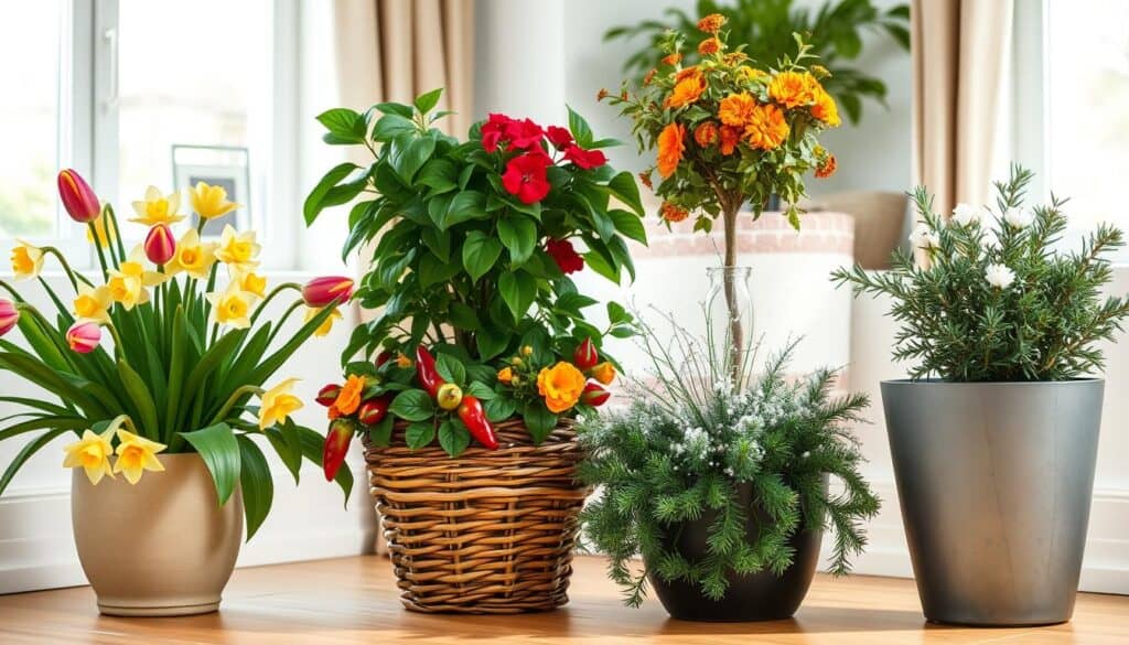 A cozy indoor scene featuring four distinct potted plants, each representing a different season of the year. In the foreground, a vibrant spring arrangement with blooming tulips and daffodils in a charming ceramic pot. Next, a lush summer display with deep green leaves and colorful geraniums, overflowing from a rustic wooden container. In the middle, a fall-inspired setup with rich, amber-hued chrysanthemums and ornamental peppers in woven baskets. Finally, a winter representation with evergreen sprigs and delicate white flowers in a sleek modern planter, perhaps with a light dusting of artificial snow. The background shows a softly lit room with bright natural light streaming through a window, creating an airy atmosphere. Overall, the scene conveys a sense of seasonal transition and the beauty of container gardening throughout the year. A cozy indoor scene featuring four distinct potted plants, each representing a different season of the year. In the foreground, a vibrant spring arrangement with blooming tulips and daffodils in a charming ceramic pot. Next, a lush summer display with deep green leaves and colorful geraniums, overflowing from a rustic wooden container. In the middle, a fall-inspired setup with rich, amber-hued chrysanthemums and ornamental peppers in woven baskets. Finally, a winter representation with evergreen sprigs and delicate white flowers in a sleek modern planter, perhaps with a light dusting of artificial snow. The background shows a softly lit room with bright natural light streaming through a window, creating an airy atmosphere. Overall, the scene conveys a sense of seasonal transition and the beauty of container gardening throughout the year.