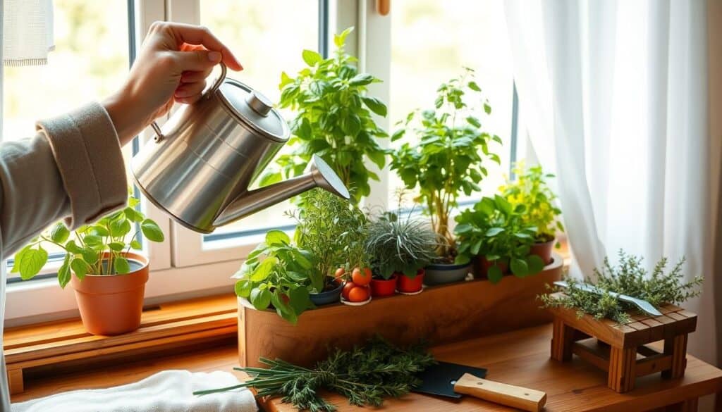 A cozy indoor setting featuring a well-arranged container herb garden on a wooden windowsill. In the foreground, several vibrant potted herbs, such as basil, mint, and thyme, are arranged neatly, displaying healthy green leaves. A hand in modest casual clothing gently waters the herbs with a stylish watering can, showcasing the act of caring for the plants. In the middle ground, a small wooden table holds gardening tools like a trowel and pruning shears, adding to the theme of maintenance. The background reveals a sunlit window with sheer curtains, allowing soft, natural light to illuminate the scene, creating an airy and inviting atmosphere. The overall mood is warm and nurturing, illustrating the joy of maintaining a thriving herb garden. A cozy indoor setting featuring a well-arranged container herb garden on a wooden windowsill. In the foreground, several vibrant potted herbs, such as basil, mint, and thyme, are arranged neatly, displaying healthy green leaves. A hand in modest casual clothing gently waters the herbs with a stylish watering can, showcasing the act of caring for the plants. In the middle ground, a small wooden table holds gardening tools like a trowel and pruning shears, adding to the theme of maintenance. The background reveals a sunlit window with sheer curtains, allowing soft, natural light to illuminate the scene, creating an airy and inviting atmosphere. The overall mood is warm and nurturing, illustrating the joy of maintaining a thriving herb garden.