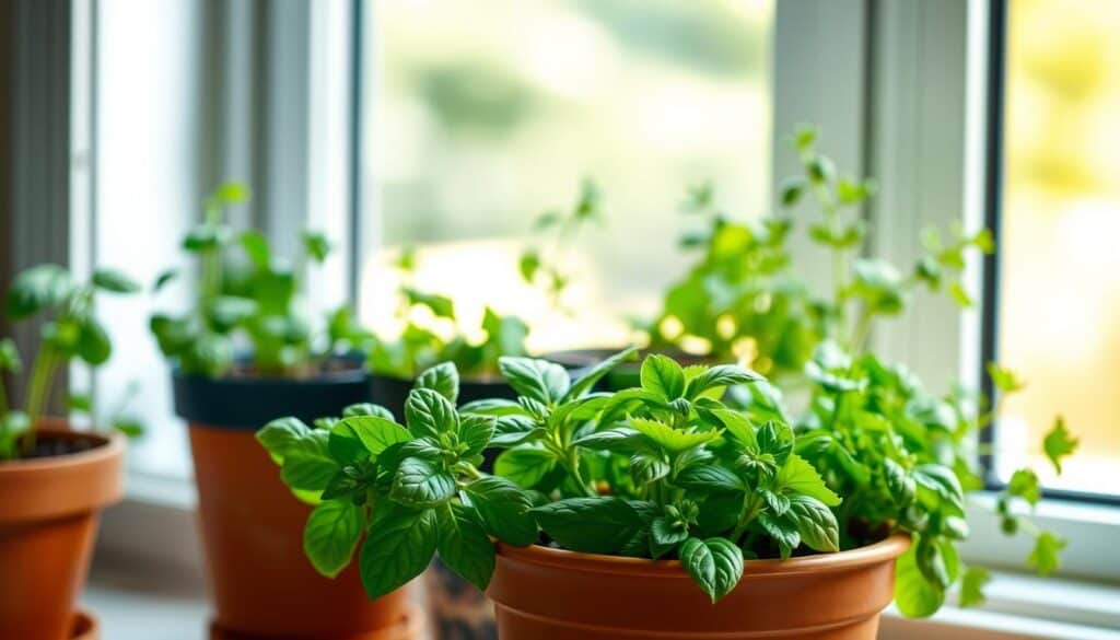 A cozy kitchen windowsill filled with various pots of freshly growing herbs like basil, parsley, and cilantro. In the foreground, focus on a vibrant green basil plant in a terracotta pot, with droplets of water glistening on its leaves. The middle layer showcases several other herb pots, neatly arranged, some slightly withered to depict common beginner challenges. The background features a soft-focus view of a bright, airy kitchen with natural light streaming through a window, emphasizing a peaceful, nurturing atmosphere. The gentle interplay of light and shadows creates an inviting mood, suggesting a warm space where beginners can successfully grow their herbs. A cozy kitchen windowsill filled with various pots of freshly growing herbs like basil, parsley, and cilantro. In the foreground, focus on a vibrant green basil plant in a terracotta pot, with droplets of water glistening on its leaves. The middle layer showcases several other herb pots, neatly arranged, some slightly withered to depict common beginner challenges. The background features a soft-focus view of a bright, airy kitchen with natural light streaming through a window, emphasizing a peaceful, nurturing atmosphere. The gentle interplay of light and shadows creates an inviting mood, suggesting a warm space where beginners can successfully grow their herbs.