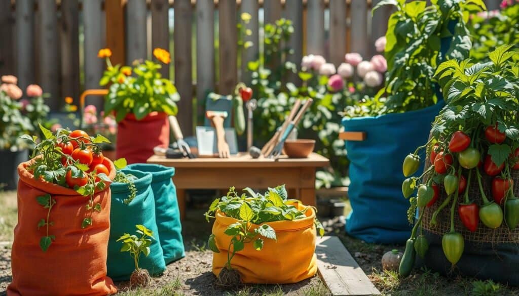 A cozy outdoor garden scene featuring a variety of colorful fabric grow bags filled with lush vegetables, specifically tomatoes, peppers, and cucumbers. In the foreground, showcase different sizes of the grow bags, with vibrant plants spilling over the edges, highlighting their healthy roots. The middle ground consists of a wooden table displaying gardening tools and labels for the plants, all bathed in soft, natural sunlight. In the background, a wooden fence and blooming flowers create an inviting and serene atmosphere. The lighting is bright and airy, capturing the essence of a beautiful day in the garden, with gentle shadows enhancing the textures of the fabric bags and the vibrant greens of the plants. A cozy outdoor garden scene featuring a variety of colorful fabric grow bags filled with lush vegetables, specifically tomatoes, peppers, and cucumbers. In the foreground, showcase different sizes of the grow bags, with vibrant plants spilling over the edges, highlighting their healthy roots. The middle ground consists of a wooden table displaying gardening tools and labels for the plants, all bathed in soft, natural sunlight. In the background, a wooden fence and blooming flowers create an inviting and serene atmosphere. The lighting is bright and airy, capturing the essence of a beautiful day in the garden, with gentle shadows enhancing the textures of the fabric bags and the vibrant greens of the plants.