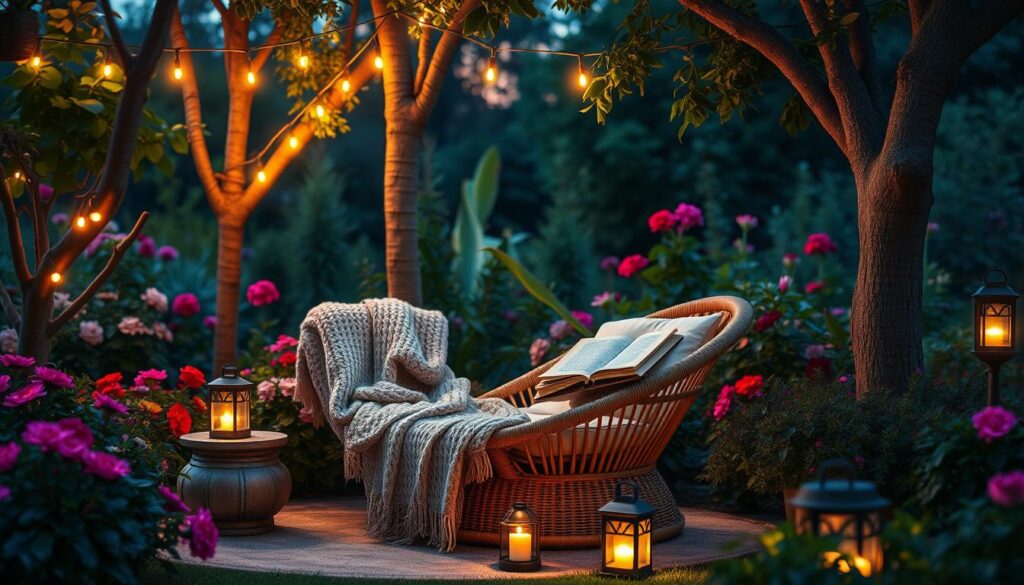 A cozy outdoor reading corner nestled in a lush garden at dusk, featuring a comfortable, woven lounge chair adorned with a soft, knitted throw blanket. A small, round side table holds a steaming cup of tea and an open book, inviting relaxation. Surrounding the chair, string lights hang gently from nearby trees, casting a warm, soft glow, while solar-powered lanterns illuminate the ground with a subtle light. The background showcases vibrant flowering plants and green foliage, creating a tranquil atmosphere. The scene captures a serene, inviting ambiance perfect for evening reading, with rich colors depicting twilight sky hues. Aim for a high-resolution image with a slightly elevated angle, ensuring the focus remains on the reading nook while blending harmoniously with the surrounding garden landscape.