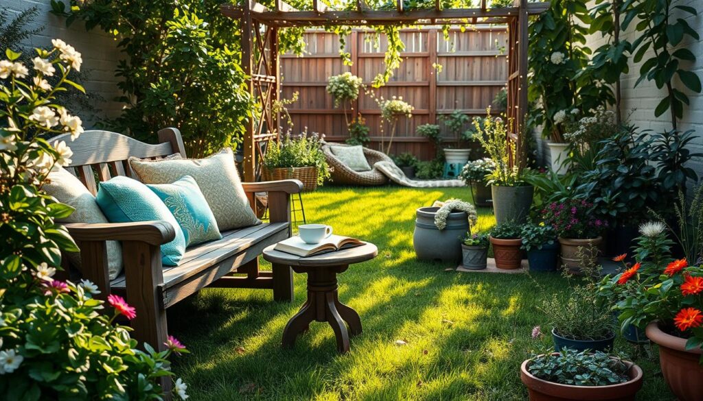 A cozy outdoor reading nook in a budget-friendly garden oasis. In the foreground, a charming wooden bench adorned with soft, colorful cushions, surrounded by lush green plants and blooming flowers. A small, rustic coffee table sits nearby, holding a steaming cup of tea and an open book. In the middle ground, a vibrant patch of grass invites relaxation, with a few scattered potted herbs adding fragrance and color. The background features a gentle trellis draped with twinkling fairy lights, casting a warm glow. Soft sunlight filters through the leaves, creating an inviting, serene atmosphere perfect for reading or unwinding. The scene is set at a slight angle, capturing the essence of a peaceful retreat in a budget-friendly garden space.