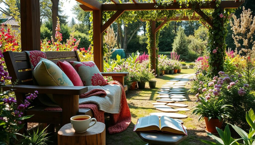 A cozy outdoor reading nook nestled in a lush garden, featuring a rustic wooden bench adorned with colorful, soft cushions and a plush throw blanket. In the foreground, a small side table holds a steaming cup of tea and an open book, while a vibrant potted plant adds a touch of greenery. The middle ground showcases a pathway made of natural stones leading to a backdrop of blooming flowers and tall trees, filtering warm, soft sunlight. In the background, a wooden trellis draped in climbing vines creates an inviting atmosphere. The image captures a serene, tranquil mood, perfect for relaxation and contemplation, illuminated by bright natural light and casting gentle shadows.