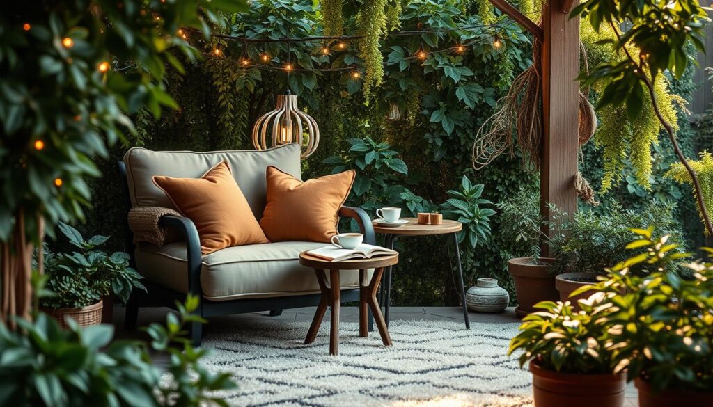 A cozy outdoor reading nook surrounded by lush greenery, featuring a comfortable, oversized armchair with soft, cushiony pillows in warm earth tones. A small, rustic wooden side table holds a steaming cup of tea and an open book, inviting relaxation. In the background, delicate fairy lights twinkle among leafy branches, adding a magical touch as the soft sunlight filters through, casting a warm glow over the scene. The ground is adorned with a plush, patterned outdoor rug, and potted plants frame the nook, enhancing the natural atmosphere. The angle captures the charm of this tranquil space, evoking a sense of peace and comfort, perfect for reading or unwinding in the garden.
