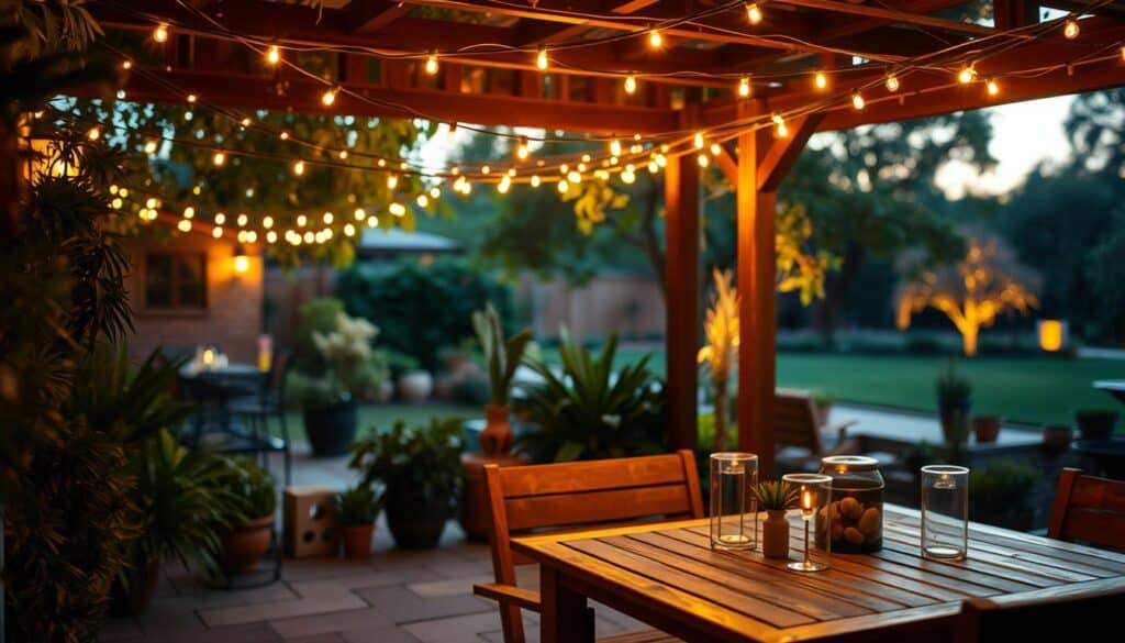 A cozy patio adorned with warm, glowing string lights creating an inviting ambiance. In the foreground, a wooden table set for an outdoor gathering, surrounded by comfortable chairs. The string lights are gracefully draped overhead, casting enchanting shadows and soft, warm light onto the scene. In the middle ground, lush greenery and potted plants enhance the natural beauty, while decorative lanterns add to the atmosphere. The background features a tranquil garden with silhouettes of trees softly illuminated by the sunset glow. The lighting is warm and soft, capturing the essence of a peaceful evening, with a shallow depth of field emphasizing the intimate setup. A cozy patio adorned with warm, glowing string lights creating an inviting ambiance. In the foreground, a wooden table set for an outdoor gathering, surrounded by comfortable chairs. The string lights are gracefully draped overhead, casting enchanting shadows and soft, warm light onto the scene. In the middle ground, lush greenery and potted plants enhance the natural beauty, while decorative lanterns add to the atmosphere. The background features a tranquil garden with silhouettes of trees softly illuminated by the sunset glow. The lighting is warm and soft, capturing the essence of a peaceful evening, with a shallow depth of field emphasizing the intimate setup.