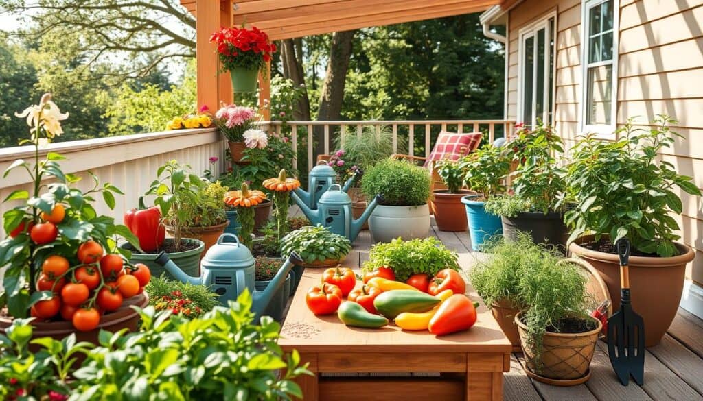 A cozy patio container garden, showcasing an array of vibrant vegetables such as tomatoes, bell peppers, and herbs, all thriving in stylish pots in various sizes and colors. The foreground features lush greenery and colorful flora, with watering cans and gardening tools subtly placed nearby to illustrate maintenance. In the middle, an inviting wooden table displays a few fresh-picked vegetables, creating a sense of bountiful harvest. The background features a sunlit deck with soft sunlight filtering through nearby trees, casting gentle shadows. The atmosphere is serene and inviting, perfect for relaxation and gardening. Captured with a wide-angle lens to emphasize depth and detail, the overall mood is cheerful and vibrant, celebrating the joy of container gardening. A cozy patio container garden, showcasing an array of vibrant vegetables such as tomatoes, bell peppers, and herbs, all thriving in stylish pots in various sizes and colors. The foreground features lush greenery and colorful flora, with watering cans and gardening tools subtly placed nearby to illustrate maintenance. In the middle, an inviting wooden table displays a few fresh-picked vegetables, creating a sense of bountiful harvest. The background features a sunlit deck with soft sunlight filtering through nearby trees, casting gentle shadows. The atmosphere is serene and inviting, perfect for relaxation and gardening. Captured with a wide-angle lens to emphasize depth and detail, the overall mood is cheerful and vibrant, celebrating the joy of container gardening.