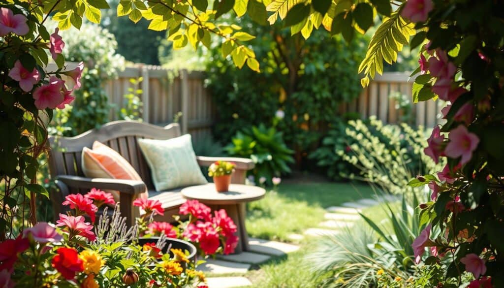 A cozy small garden corner showcasing stylish seating ideas, featuring a rustic wooden bench adorned with soft, colorful cushions and a small round table with a potted plant on it. In the foreground, vibrant flowers in bloom add a lively touch, while climbing vines frame the seating area. The middle ground includes lush greenery, creating a serene atmosphere, and a gently meandering stone path leading to the seating. In the background, a softly blurred view of a garden fence adds depth. The scene is bathed in bright natural light, enhanced by gentle soft sunlight filtering through the leaves, creating an airy, inviting mood that invites relaxation and tranquility. The angle captures the beauty and intimacy of the space.