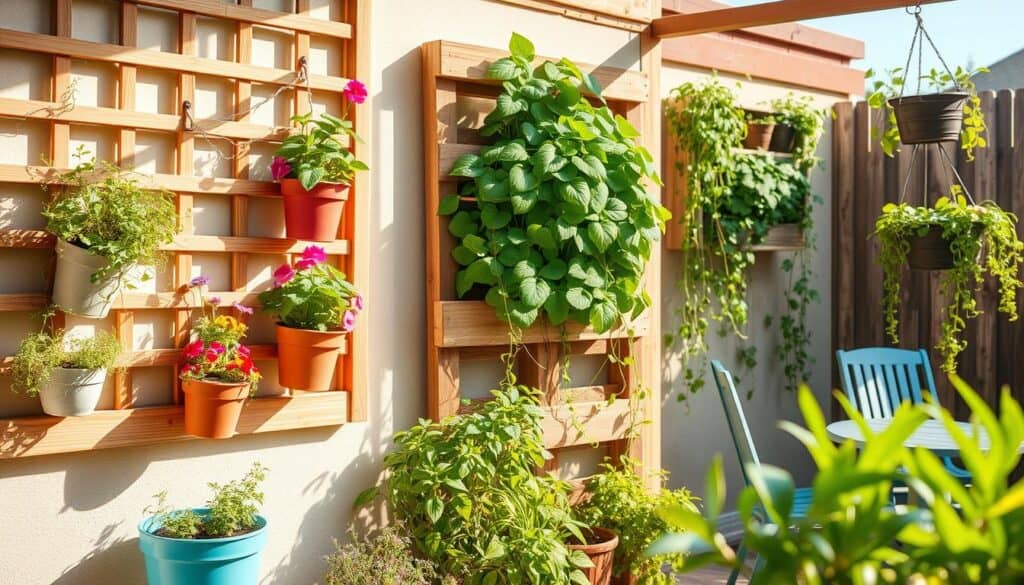 A cozy small patio featuring a variety of budget-friendly vertical gardening ideas. In the foreground, a wall-mounted wooden trellis adorned with vibrant herbs and colorful flowers in recycled containers. The middle ground showcases a lush vertical garden made from repurposed wooden pallets, filled with climbing plants like peas and decorative vines. To the side, a hanging planter with trailing plants adds depth. The background presents a charming view of a cozy outdoor setting with chairs and a small table under soft, natural light, creating an inviting atmosphere. The scene is bathed in warm, soft sunlight, emphasizing the greenery, and a clear blue sky is visible above, enhancing the airy feel of the space.