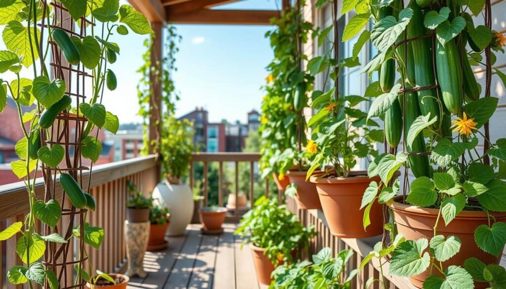 A cozy small patio filled with vertical cucumber plants thriving in stylish containers, arranged aesthetically along a wooden railing. In the foreground, bright green cucumber vines intertwine with rustic trellises, showcasing climbing support and vibrant yellow flowers. The middle ground features an assortment of decorative pots with healthy, leafy plants, complemented by soft natural light filtering through the greenery. In the background, a clear blue sky and a hint of an urban garden can be seen, creating a welcoming atmosphere. The image should have an airy, well-lit feel, capturing the essence of maximizing small patio space for bountiful harvests, with an emphasis on realistic home décor and gardening efficiency. A cozy small patio filled with vertical cucumber plants thriving in stylish containers, arranged aesthetically along a wooden railing. In the foreground, bright green cucumber vines intertwine with rustic trellises, showcasing climbing support and vibrant yellow flowers. The middle ground features an assortment of decorative pots with healthy, leafy plants, complemented by soft natural light filtering through the greenery. In the background, a clear blue sky and a hint of an urban garden can be seen, creating a welcoming atmosphere. The image should have an airy, well-lit feel, capturing the essence of maximizing small patio space for bountiful harvests, with an emphasis on realistic home décor and gardening efficiency.