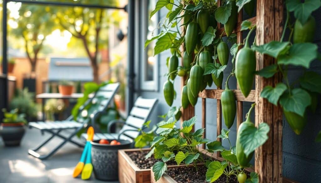 A cozy small patio garden featuring vertical cucumber gardening in a container. In the foreground, vibrant green cucumber plants climb a rustic wooden trellis, overflowing with fresh leaves and small cucumbers. The middle ground showcases a stylish container with rich, dark soil, full of healthily growing cucumber vines. A few colorful gardening tools are placed nearby, emphasizing the gardening theme. The background reveals a quaint urban setting with soft sunlight filtering through nearby trees, casting gentle shadows, creating an inviting atmosphere. The focus is sharp on the cucumber plants, with a slight bokeh effect on the patio details, conveying a serene and productive gardening space. The scene is bright and airy, capturing the essence of small-space gardening. A cozy small patio garden featuring vertical cucumber gardening in a container. In the foreground, vibrant green cucumber plants climb a rustic wooden trellis, overflowing with fresh leaves and small cucumbers. The middle ground showcases a stylish container with rich, dark soil, full of healthily growing cucumber vines. A few colorful gardening tools are placed nearby, emphasizing the gardening theme. The background reveals a quaint urban setting with soft sunlight filtering through nearby trees, casting gentle shadows, creating an inviting atmosphere. The focus is sharp on the cucumber plants, with a slight bokeh effect on the patio details, conveying a serene and productive gardening space. The scene is bright and airy, capturing the essence of small-space gardening.