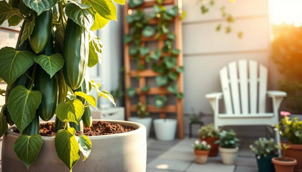 A cozy small patio scene featuring a stylish container garden, focused on vertical cucumber plants thriving against a trellis. In the foreground, large green cucumber leaves cascade down the sides of a modern ceramic pot filled with rich soil. The middle ground displays a wooden trellis adorned with healthy cucumber vines climbing upward towards the warm, bright sunlight filtering through. In the background, soft pastel-colored patio furniture adds a welcoming touch, surrounded by small potted herbs and flowering plants. Captured in soft, natural lighting that creates a vibrant atmosphere, this image conveys a sense of serenity and gardening success, inviting viewers to envision their own patio oasis. A cozy small patio scene featuring a stylish container garden, focused on vertical cucumber plants thriving against a trellis. In the foreground, large green cucumber leaves cascade down the sides of a modern ceramic pot filled with rich soil. The middle ground displays a wooden trellis adorned with healthy cucumber vines climbing upward towards the warm, bright sunlight filtering through. In the background, soft pastel-colored patio furniture adds a welcoming touch, surrounded by small potted herbs and flowering plants. Captured in soft, natural lighting that creates a vibrant atmosphere, this image conveys a sense of serenity and gardening success, inviting viewers to envision their own patio oasis.