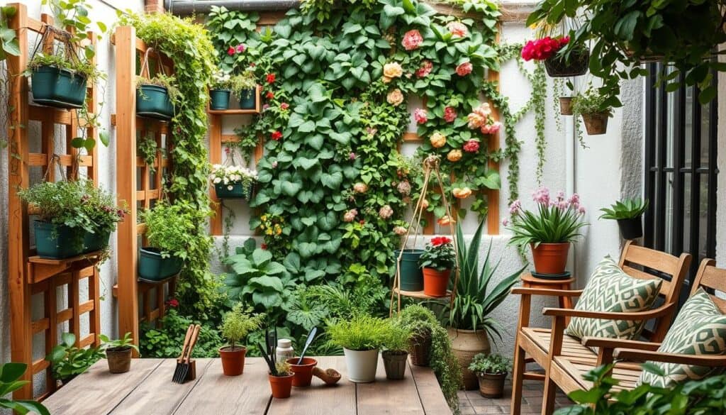 A cozy small patio transformed into a vertical garden oasis, showcasing lush greenery and colorful flowers arranged on wooden trellises and hanging planters. In the foreground, a rustic wooden table displays potted herbs and small garden tools, inviting a sense of cultivation. The middle ground features a vibrant vertical garden wall overflowing with climbing plants, herbs, and flowering vines, creating a natural backdrop. Soft, diffused sunlight filters through the leaves, casting gentle shadows and illuminating the space. In the background, a charming, quaint wall adds texture, while wooden furniture pieces provide a relaxed atmosphere. The overall mood is serene and inspiring, emphasizing the beauty of maximizing outdoor spaces with thoughtful planning and greenery.