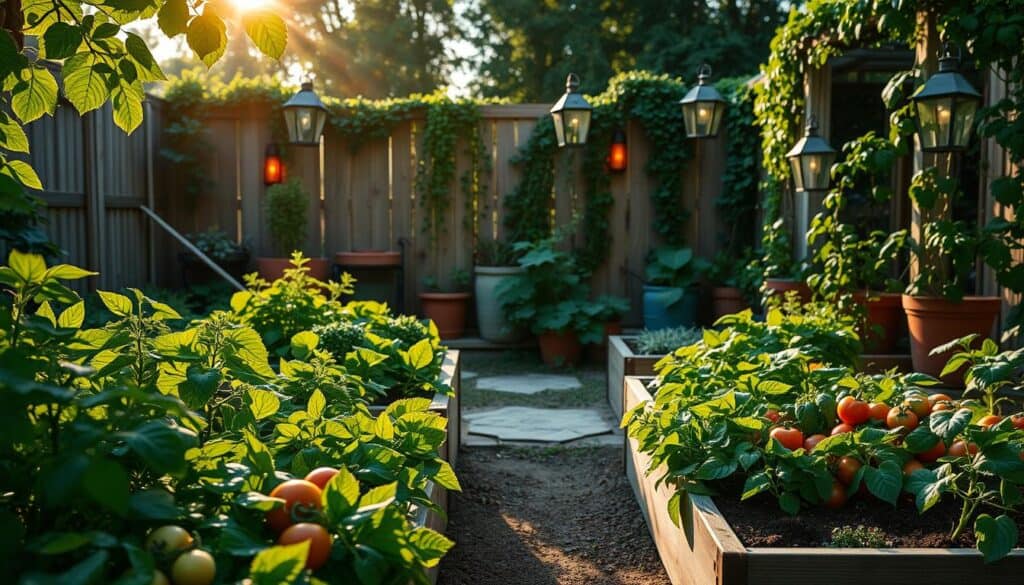A cozy vegetable garden illuminated by soft, natural sunlight during the golden hour. In the foreground, vibrant green raised beds brimming with a variety of fresh vegetables, such as tomatoes, peppers, and leafy greens. The middle ground features charming wooden pathways lined with beautiful potted herbs and lantern-style lighting, casting a gentle glow. In the background, a rustic wooden fence adorned with climbing plants, adding depth to the scene. The atmosphere is tranquil and inviting, evoking a sense of harmony and serenity in this intimate garden setting. The image should be captured from a slightly elevated angle, showcasing the layout and lighting effects created by the sun filtering through leaves. A cozy vegetable garden illuminated by soft, natural sunlight during the golden hour. In the foreground, vibrant green raised beds brimming with a variety of fresh vegetables, such as tomatoes, peppers, and leafy greens. The middle ground features charming wooden pathways lined with beautiful potted herbs and lantern-style lighting, casting a gentle glow. In the background, a rustic wooden fence adorned with climbing plants, adding depth to the scene. The atmosphere is tranquil and inviting, evoking a sense of harmony and serenity in this intimate garden setting. The image should be captured from a slightly elevated angle, showcasing the layout and lighting effects created by the sun filtering through leaves.