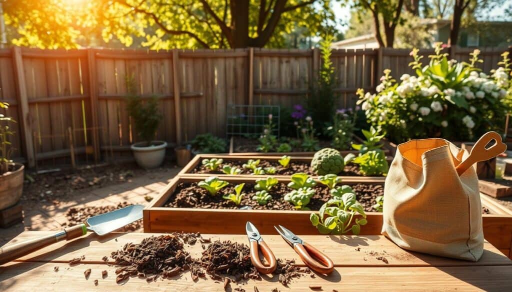 A cozy, well-organized backyard garden scene showcasing essential tools for frugal gardening. In the foreground, a wooden gardening bench displays basic tools like a hand trowel, pruning shears, and a potting soil bag, all in muted, natural tones. The middle features neatly arranged raised garden beds filled with vibrant, thriving vegetables peeking through a mix of soil and mulch. In the background, a rustic wooden fence and a blooming flower patch create an inviting ambience. Soft, golden sunlight filters through leafy trees, casting gentle shadows, while bright natural light enhances the colors. The atmosphere is serene and inspiring, perfect for engaging potential gardeners on a budget.