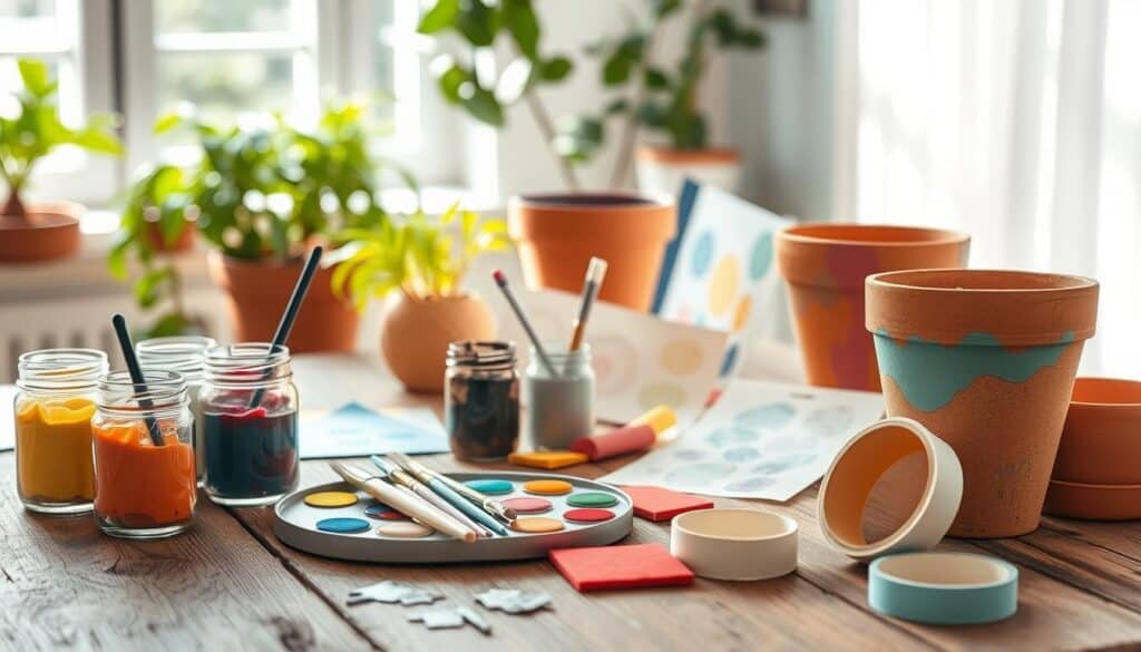 A cozy workspace set against a bright, airy backdrop with soft sunlight streaming in. In the foreground, a rustic wooden table is adorned with essential DIY supplies for painted pots: colorful acrylic paints in jars, brushes of various sizes, a palette with mixed colors, and a few terracotta pots waiting to be transformed. The middle ground features stencils, sponges, and a roll of painter's tape, showcasing various textures and colors. In the background, hints of green plants peek in, providing a vibrant contrast to the crafting materials. The atmosphere conveys creativity and inspiration, inviting viewers into a world of colorful gardening projects, captured with a warm, inviting lens to enhance the natural light. A cozy workspace set against a bright, airy backdrop with soft sunlight streaming in. In the foreground, a rustic wooden table is adorned with essential DIY supplies for painted pots: colorful acrylic paints in jars, brushes of various sizes, a palette with mixed colors, and a few terracotta pots waiting to be transformed. The middle ground features stencils, sponges, and a roll of painter's tape, showcasing various textures and colors. In the background, hints of green plants peek in, providing a vibrant contrast to the crafting materials. The atmosphere conveys creativity and inspiration, inviting viewers into a world of colorful gardening projects, captured with a warm, inviting lens to enhance the natural light.