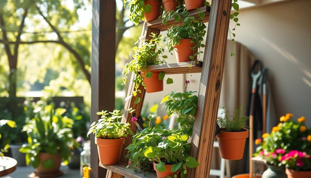 A creative vertical garden featuring a stylish, tiered ladder-style planter using two rustic wooden boards, showcasing vibrant green plants cascading from each level. The structure is set against a softly sunlit patio, with dappled sunlight filtering through nearby trees, casting warm, inviting shadows. In the foreground, delicate herbs and colorful flowers bloom in terracotta pots arranged artfully on the planter. The middle ground reveals the ladder-style design, emphasizing its height and three distinct tiers, each filled with lush greenery. The background includes a hint of garden tools and a vibrant flower bed, enhancing the atmosphere of a cozy, productive outdoor space. The overall mood is cheerful and inspiring, perfect for small space gardening enthusiasts, captured with a focus on natural light and soft, inviting tones.