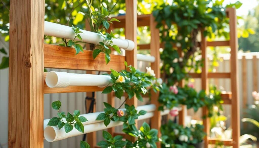 A detailed DIY vertical garden wall construction scene featuring PVC pipes and wooden planks. In the foreground, showcase a partially built vertical garden wall with PVC pipes arranged horizontally in multiple tiers, filled with vibrant green plants and flowers. In the middle ground, include a wooden framework that supports the structure, highlighting the natural wood texture. In the background, depict a bright, airy backyard setting with soft sunlight filtering through leaves, enhancing the inviting atmosphere. The angle is slightly elevated to capture the depth of the garden wall and the surrounding greenery. Emphasize a warm, inviting mood, suitable for showcasing home improvement and gardening activities. The absence of any people ensures a clear focus on the gardening project itself.