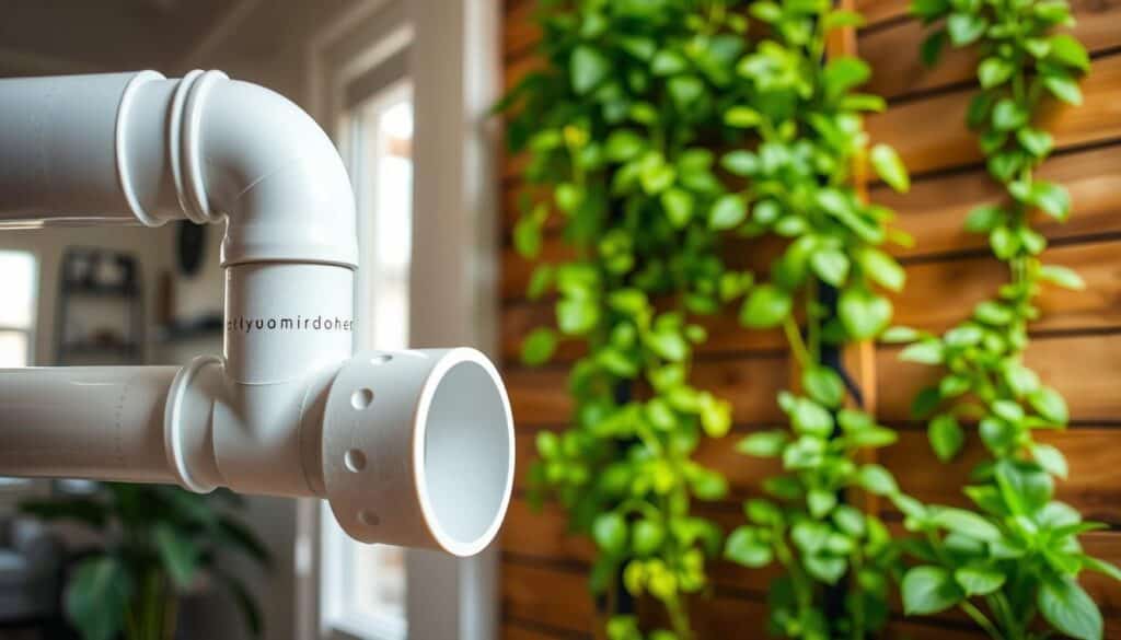 A detailed and artistic representation of a vertical garden irrigation system in a modern home setting. In the foreground, showcase a close-up of a PVC pipe irrigation system that is intricately designed with small drilled holes for optimal water distribution. The middle ground should feature lush greenery with a variety of plants thriving in a vertical arrangement, strategically placed against a wooden plank wall. The background includes soft natural light filtering through a nearby window, creating an inviting atmosphere. Capture the scene with a slight downward angle to emphasize the vertical growth of the plants, highlighting the harmony between nature and DIY design. Aim for a vibrant, fresh feel, evoking a sense of tranquility and sustainability in home gardening.