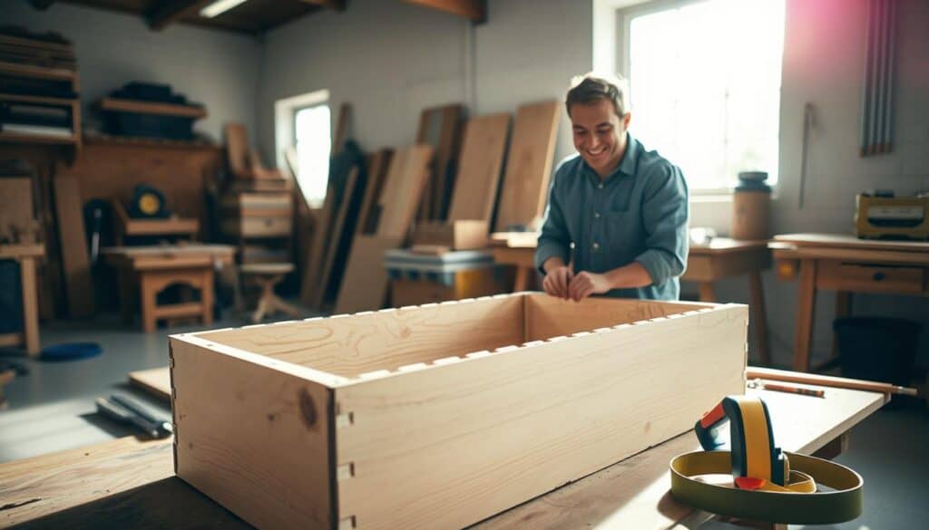 A detailed and focused scene showing a person carefully assembling a water reservoir planter from a single sheet of plywood. The foreground features a partially constructed planter box with visible layers, showcasing the internal water reservoir design. The individual is dressed in modest casual clothing, smiling as they work, demonstrating a hands-on approach to woodworking. The middle ground includes essential tools, like a saw and measuring tape, neatly arranged beside the project. The background captures a well-lit workshop with bright natural light streaming through a window, creating an inviting atmosphere. The overall mood is productive and inspiring, emphasizing craftsmanship and creativity, with an airy feel from the soft sunlight illuminating the space. A detailed and focused scene showing a person carefully assembling a water reservoir planter from a single sheet of plywood. The foreground features a partially constructed planter box with visible layers, showcasing the internal water reservoir design. The individual is dressed in modest casual clothing, smiling as they work, demonstrating a hands-on approach to woodworking. The middle ground includes essential tools, like a saw and measuring tape, neatly arranged beside the project. The background captures a well-lit workshop with bright natural light streaming through a window, creating an inviting atmosphere. The overall mood is productive and inspiring, emphasizing craftsmanship and creativity, with an airy feel from the soft sunlight illuminating the space.