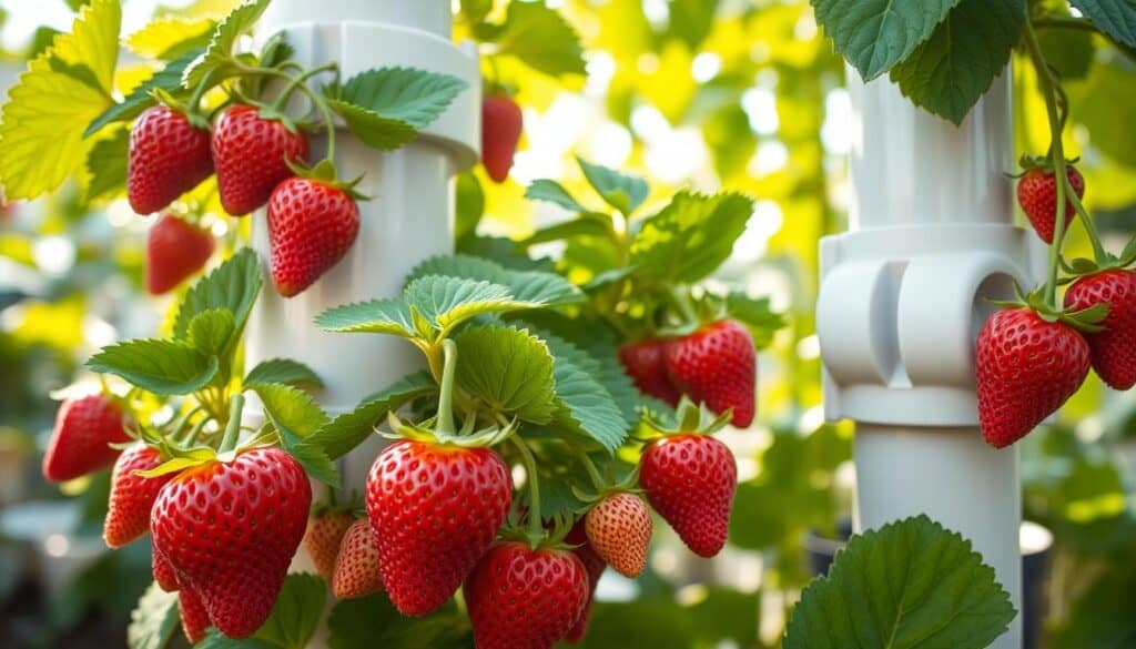 A detailed close-up image of a vibrant strawberry tower planter made from PVC pipe, showcasing lush, healthy strawberries at various stages of ripeness. In the foreground, highlight the rich green leaves and bright red strawberries, with some showing signs of watering and care. The middle section features the structured layers of the PVC pipe planter, demonstrating effective maintenance techniques like watering spouts and drainage holes. In the background, a sunny garden scene with soft sunlight filtering through leaves creates an airy atmosphere, emphasizing the connection to natural gardening. The overall mood is uplifting and encouraging, illustrating the joy of maintaining a thriving strawberry tower. Use a soft focus with a slight vignette to draw attention to the strawberries and planter details. A detailed close-up image of a vibrant strawberry tower planter made from PVC pipe, showcasing lush, healthy strawberries at various stages of ripeness. In the foreground, highlight the rich green leaves and bright red strawberries, with some showing signs of watering and care. The middle section features the structured layers of the PVC pipe planter, demonstrating effective maintenance techniques like watering spouts and drainage holes. In the background, a sunny garden scene with soft sunlight filtering through leaves creates an airy atmosphere, emphasizing the connection to natural gardening. The overall mood is uplifting and encouraging, illustrating the joy of maintaining a thriving strawberry tower. Use a soft focus with a slight vignette to draw attention to the strawberries and planter details.