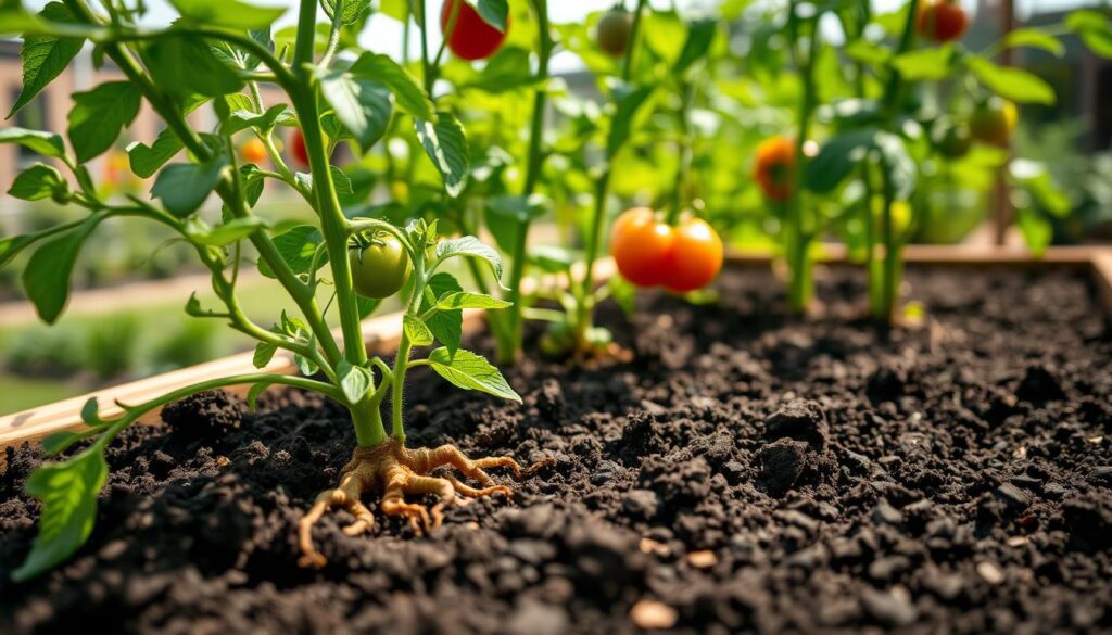 A detailed close-up view of a raised bed garden focusing on the optimal soil depth for tomatoes and peppers. In the foreground, display a wooden raised bed filled with dark, rich soil, showcasing healthy roots of tomato and pepper plants protruding slightly from the earth. The middle ground features vibrant green leaves reaching upward, with a few ripe tomatoes and peppers visible. In the background, a sunny garden landscape with soft sunlight filtering through, creating a warm and inviting atmosphere. Capture this scene from a slightly elevated angle, emphasizing the depth of the raised bed and the root system. Use bright natural light to enhance the colors and textures, invoking a sense of freshness and vitality in the garden setting.