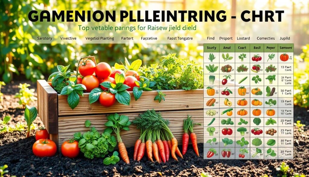 A detailed companion planting chart designed for raised beds, featuring top vegetable pairings for maximum yield. In the foreground, vibrant illustrations of vegetables like tomatoes, basil, carrots, and peppers neatly arranged in visually distinct sections, connected by colorful lines indicating compatibility. The middle layer displays a rustic wooden raised bed filled with healthy plants, surrounded by soil and mulch to enhance the garden feel. In the background, a sunlit garden with an inviting atmosphere, showcasing soft sunlight filtering through green leaves, creating a warm and peaceful ambiance. The overall composition should be bright, airy, and well-lit, evoking a sense of freshness and the joy of gardening. No text or signatures should be present. A detailed companion planting chart designed for raised beds, featuring top vegetable pairings for maximum yield. In the foreground, vibrant illustrations of vegetables like tomatoes, basil, carrots, and peppers neatly arranged in visually distinct sections, connected by colorful lines indicating compatibility. The middle layer displays a rustic wooden raised bed filled with healthy plants, surrounded by soil and mulch to enhance the garden feel. In the background, a sunlit garden with an inviting atmosphere, showcasing soft sunlight filtering through green leaves, creating a warm and peaceful ambiance. The overall composition should be bright, airy, and well-lit, evoking a sense of freshness and the joy of gardening. No text or signatures should be present.