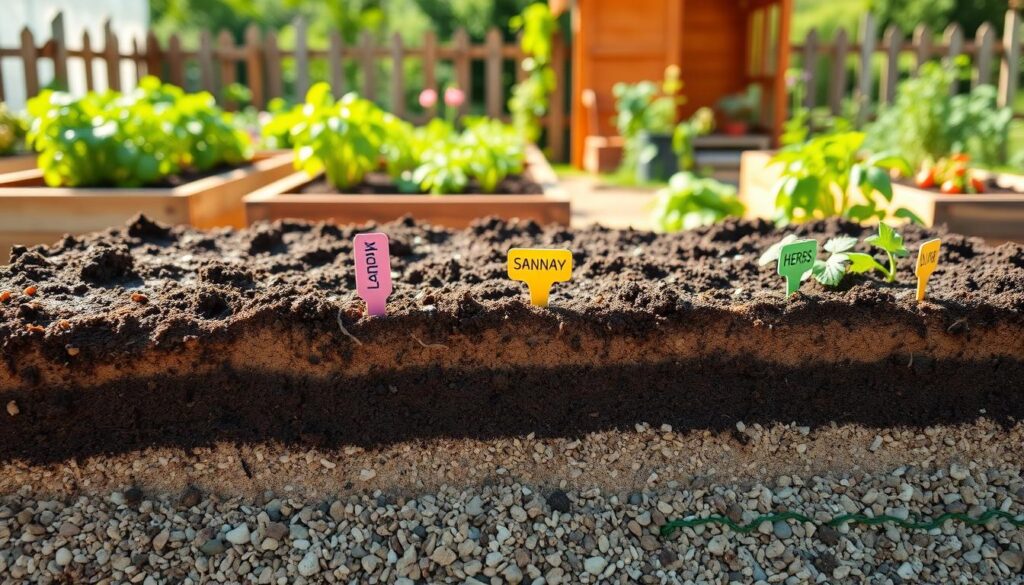 A detailed cross-section of a raised garden bed showcasing its layered soil composition. In the foreground, rich dark soil filled with organic matter and visible worms, transitioning to sandy loam, and finally a base of gravel for drainage. In the middle, colorful labels indicate specific crop sections, like tomatoes, carrots, and herbs, demonstrating tailored soil amendments. The background features a quaint garden with wooden raised beds, vibrant plants thriving under soft sunlight. The scene is well-lit with a bright, airy atmosphere, captured from a slightly elevated angle to emphasize soil layers. The image should evoke a sense of sustainability and care for gardening practices, without any text or distractions.