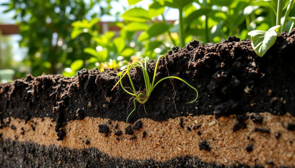 A detailed cross-section of a raised garden bed, showcasing its soil composition with vibrant layers. In the foreground, richly textured dark topsoil interspersed with organic matter like compost and leaf mold, and small golden flecks of perlite create a striking contrast. In the middle ground, vibrant green plant roots delicately intertwine among the lighter layers of sand and loamy soil. The background features a sunny garden setting with soft sunlight filtering through green leaves, casting gentle shadows. The focus is sharp on the soil, highlighting its essential ingredients for high performance, while the overall ambiance is bright and airy, evoking a sense of growth and vitality. The image should be framed using a macro lens angle for intricate detail, without any text or overlays.