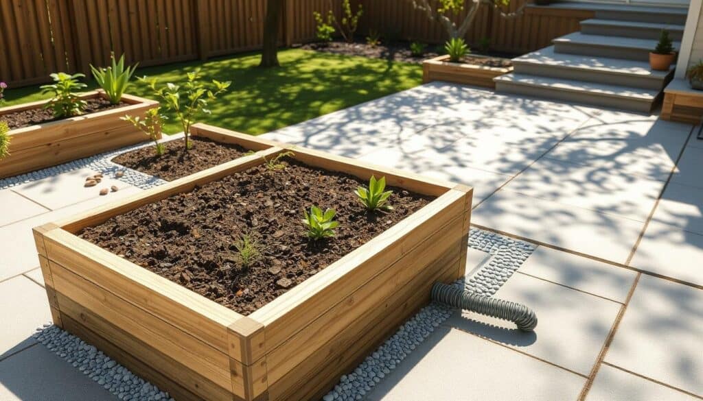 A detailed illustration of a raised bed garden on a concrete patio, showcasing effective drainage solutions. In the foreground, visualize a wooden raised bed filled with rich soil, surrounded by gravel for drainage. The middle ground features flexible drainage pipes integrated into the design, ensuring proper water flow, with a gentle slope directing runoff. In the background, a well-maintained concrete patio with patches of sunlight filtering through tree branches creates an inviting and airy atmosphere. The scene is brightly lit by soft, natural sunlight, casting gentle shadows that highlight the textures of wood and concrete. The overall mood is serene and practical, emphasizing functionality and beauty in a garden setting. A detailed illustration of a raised bed garden on a concrete patio, showcasing effective drainage solutions. In the foreground, visualize a wooden raised bed filled with rich soil, surrounded by gravel for drainage. The middle ground features flexible drainage pipes integrated into the design, ensuring proper water flow, with a gentle slope directing runoff. In the background, a well-maintained concrete patio with patches of sunlight filtering through tree branches creates an inviting and airy atmosphere. The scene is brightly lit by soft, natural sunlight, casting gentle shadows that highlight the textures of wood and concrete. The overall mood is serene and practical, emphasizing functionality and beauty in a garden setting.