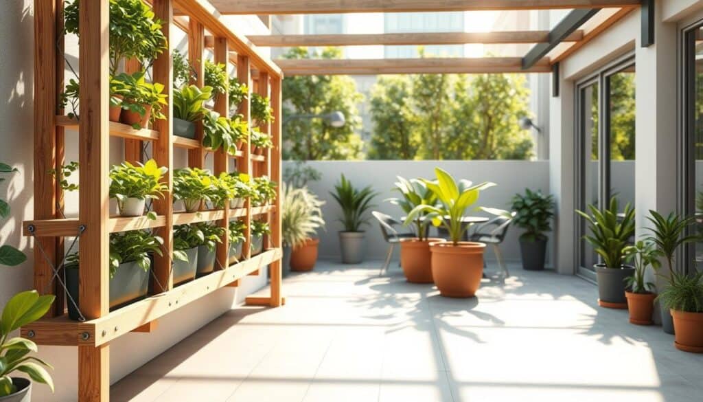 A detailed illustration of an innovative living wall framing system designed for a vertical garden on a small patio or balcony. In the foreground, showcase the sturdy structural framework with sturdy wooden beams and metal supports, intricately connecting to secure plant containers filled with vibrant greenery. The middle section features a close-up of potted plants thriving in various sizes and shapes, demonstrating ideal plant placement and arrangement for optimal support. In the background, depict a well-lit patio setting with soft sunlight filtering through, highlighting the architectural design elements and the lush urban environment. Capture the mood of tranquility and innovation, emphasizing a harmonious blend of nature and modern engineering. The image should have a clear focus, with natural colors and textures creating an inviting atmosphere, ensuring it is free of any text or distractions.
